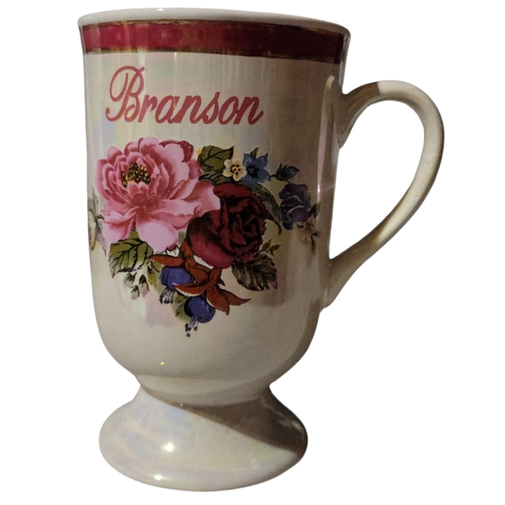 NWT Vtg Pink Red Roses Coffee Tea Pearlized Iridescent Mug Cup Pedestal